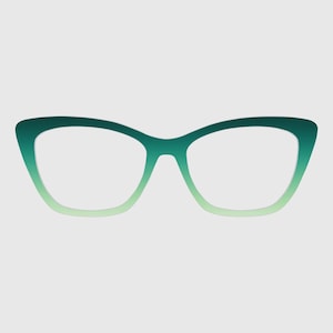 May include: A pair of cat-eye style eyeglasses with a gradient green frame. The frame transitions from a dark green at the top to a light green at the bottom. The lenses are clear.