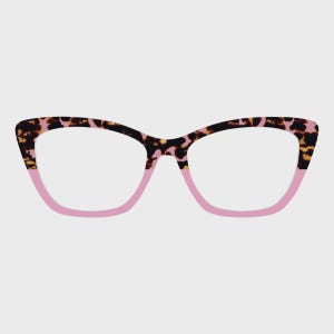 May include: Cat-eye style eyeglasses with a pink lower frame and a tortoiseshell pattern on the upper frame. The glasses have a classic shape with a modern color combination. The lenses are clear, and the frame is made of a durable material.