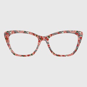 May include: Cat-eye style eyeglasses with a red and white cherry and candy cane pattern. The frames feature a black and white checkered pattern on the edges. The lenses are clear.