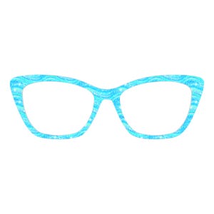 Könnte beinhalten: Eine Brille im Cat-Eye-Stil mit einem hellblauen, glitzernden Wellenmuster. Die Fassungen haben eine helle, auffällige Farbe und die Gläser sind klar. Die Brille ist vor einem weißen Hintergrund platziert.