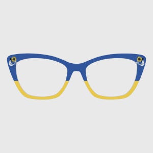 Può includere: Occhiali da vista stile cat-eye con montatura blu nella parte superiore e gialla in quella inferiore. Gli occhiali presentano un motivo a girasole e colomba su ogni lato. Le lenti sono trasparenti.