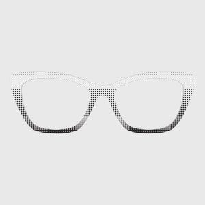 Pode incluir: Óculos de armação branca com um padrão de pontos. As armações têm formato de olho de gato, com o padrão de pontos que transita do preto na parte inferior para o branco na parte superior. As lentes são transparentes.