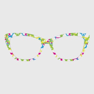 May include: Cat-eye spectacles with a white frame displaying a vibrant pattern of blue, green, yellow, and pink circles. The glasses have clear lenses and a modern, playful design.