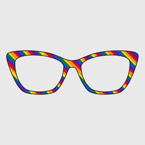 May include: A pair of cat-eye style eyeglasses with a vibrant rainbow pattern. The frames feature a spectrum of colors, including red, orange, yellow, green, blue, and purple. The lenses are clear, and the overall design is bold and eye-catching.