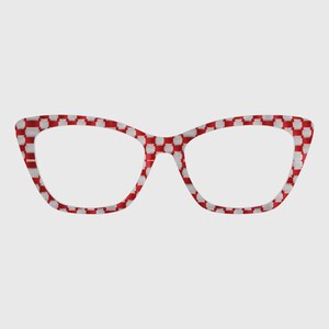 May include: Red and white checkered cat-eye eyeglasses. The frames have a bold, retro design with a repeating pattern of red and white squares. The glasses have a classic, stylish shape.