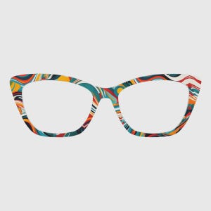 Könnte beinhalten: Brille im Cat-Eye-Stil mit einem farbenfrohen, abstrakten Muster. Der Rahmen zeigt eine Mischung aus blauen, orangefarbenen, gelben, roten und weißen Wirbeln. Die Brille hat ein klassisches Retro-Design.
