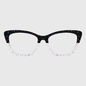 Könnte beinhalten: Brille im Cat-Eye-Stil mit einem schwarzen oberen Rahmen, der mit bunten Punkten übersät ist. Der untere Rahmen ist weiß mit passenden bunten Sprenkeln. Die Gläser sind klar.