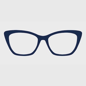 May include: A pair of dark navy blue cat-eye glasses with a thick, solid frame. The lenses are clear and transparent, framed by a distinct upswept outer edge design that characterizes the classic cat-eye shape, providing a bold and defined look.