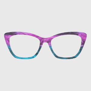 May include: Cat-eye style eyeglasses with a marbled pattern in shades of purple, blue, and black. The frames have a glossy finish and a classic, retro shape. The lenses are clear.