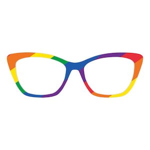 Puede incluir: Gafas de estilo ojo de gato con un diseño de gradiente de arcoíris. La montura hace la transición del rojo al naranja, amarillo, verde, azul y morado. Las gafas tienen una estética audaz y colorida.