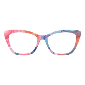 Op de afbeelding: Bril in cat-eye-stijl met een kleurrijk, abstract patroon. De monturen hebben een mix van roze, oranje, blauwe en paarse tinten, waardoor een marmerachtig effect ontstaat. De bril heeft een klassieke vorm met een modern, artistiek ontwerp.