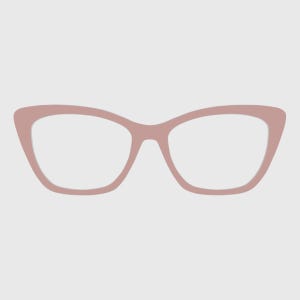 May include: A pair of cat-eye glasses with a solid dusty rose pink frame. The eyewear features a distinct upswept outer corner design, a thin bridge, and wide, rounded lenses. The frame has a smooth, matte finish and a clean, simple structure.
