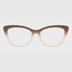 May include: Cat-eye glasses featuring a gradient frame that transitions from a dark brown at the top rim to a light cream color at the bottom. The frames have a distinct upswept shape at the outer corners and clear lenses without any magnification.