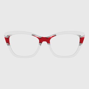 Puede incluir: Gafas de estilo ojo de gato con montura blanca y detalles rojos. Las gafas tienen una forma clásica con un toque moderno, con un color rojo intenso en las patillas y el puente. Las lentes son transparentes y el diseño es elegante.