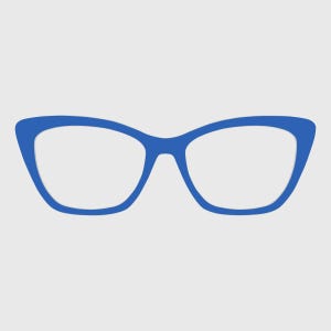 May include: A pair of cat-eye glasses featuring a solid, vibrant blue frame. The design includes a distinct upswept outer corner on each lens rim, creating a classic cat-eye silhouette. The lenses are clear, and the frame has a smooth, matte finish.