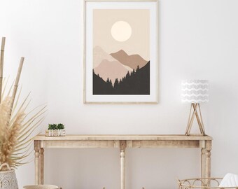 Minimalistischer Mond Berge Neutral Digitale Kunst Moderne Boho Wand Dekor Herunterladbare abstrakte Landschaft Druck