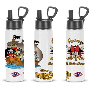 May include: White water bottles with black lids. One bottle features a pirate ship with Disney characters and the text "2020". Another has Disney characters and the text "Disney Fantasy". The third bottle has Minnie Mouse as a pirate and the name "Audrey".