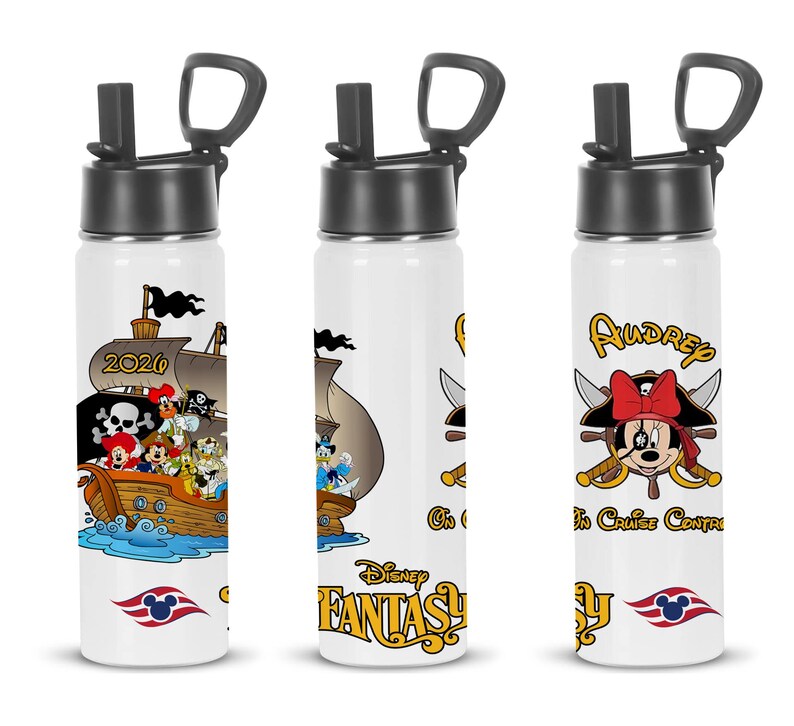 May include: White water bottles with black lids. One bottle features a pirate ship with Disney characters and the text "2020". Another has Disney characters and the text "Disney Fantasy". The third bottle has Minnie Mouse as a pirate and the name "Audrey".