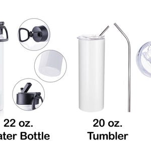 May include: White water bottle and tumbler set. The water bottle has a black lid with a handle and a flip-top opening. The tumbler includes a lid and a metal straw. The water bottle is 22 oz. and the tumbler is 20 oz.