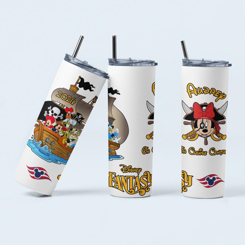 May include: White insulated tumbler featuring Disney characters on a pirate ship, with the text "2020" and "Disney Fantasy". The tumbler also features Minnie Mouse in a pirate hat and the name "Audrey". Includes a silver straw.