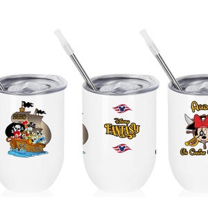 May include: Three white insulated wine tumblers with silver lids and straws. Each tumbler features a different Disney-themed design. One has a pirate ship with Disney characters, another says "Disney Fantasy", and the last has a pirate Minnie Mouse design.