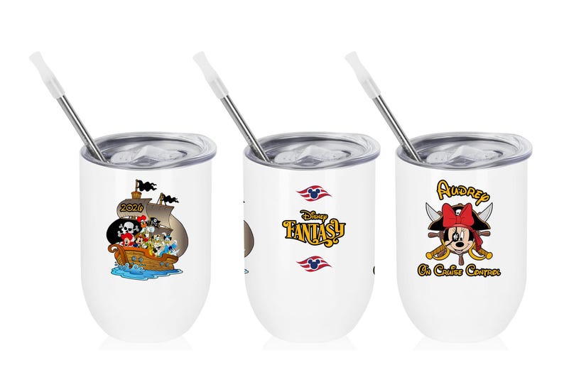 May include: Three white insulated wine tumblers with silver lids and straws. Each tumbler features a different Disney-themed design. One has a pirate ship with Disney characters, another says "Disney Fantasy", and the last has a pirate Minnie Mouse design.