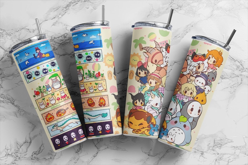 May include: Four stainless steel tumblers with colorful anime-style illustrations. Each tumbler features a different design, including characters and scenes from various animated films. The tumblers have black straws and lids.