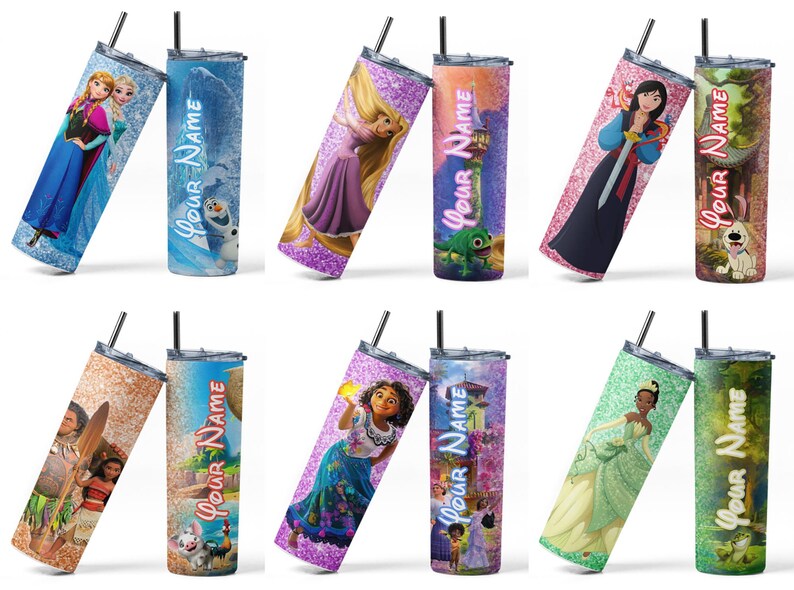 May include: A collection of personalized stainless steel tumblers featuring various Disney characters. Each tumbler has a glittery finish, a black straw, and the text "Your Name". Characters include Elsa, Anna, Rapunzel, Mulan, and others.