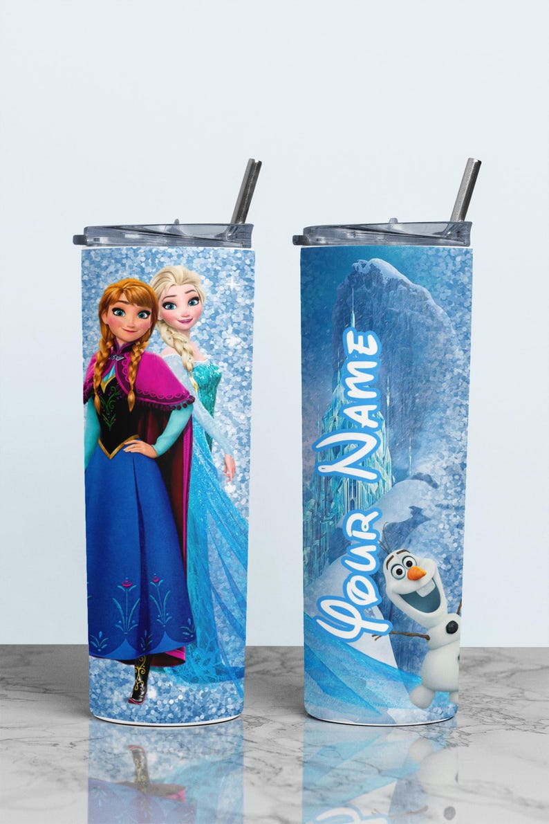 May include: Two stainless steel tumblers with lids and straws. One features Anna and Elsa from Frozen, the other has a winter scene with Olaf and the text "Your Name" in blue script against a glittery background.