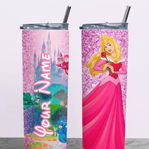 May include: Two stainless steel tumblers with lids and straws. One features a pink castle scene with the text "Your Name". The other has a princess holding a red rose, set against a pink glitter background.