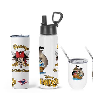 May include: White drinkware featuring Disney characters in pirate-themed designs. Includes a handled tumbler, a tall tumbler, a water bottle, and three smaller tumblers. Designs include a pirate ship and Minnie Mouse as a pirate.