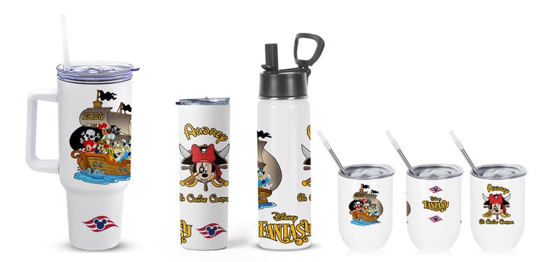 May include: White drinkware featuring Disney characters in pirate-themed designs. Includes a handled tumbler, a tall tumbler, a water bottle, and three smaller tumblers. Designs include a pirate ship and Minnie Mouse as a pirate.