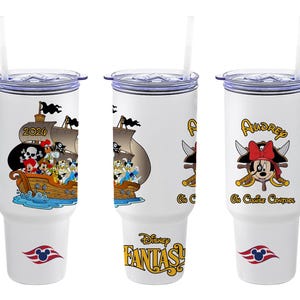 May include: White travel mug with a handle, straw, and lid. The mug features a pirate ship design with Disney characters and the text "2020". Another mug has a Minnie Mouse pirate design with the name "Audrey". The Disney Fantasy logo is also visible.