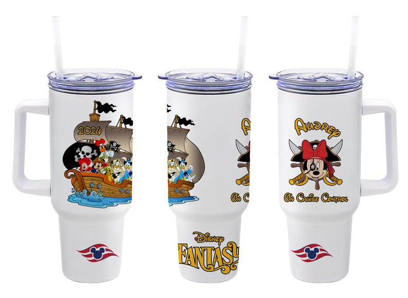May include: White travel mug with a handle, straw, and lid. The mug features a pirate ship design with Disney characters and the text "2020". Another mug has a Minnie Mouse pirate design with the name "Audrey". The Disney Fantasy logo is also visible.