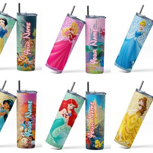 May include: A collection of eight stainless steel tumblers featuring Disney princess designs. Each tumbler has a different princess, including Snow White, Aurora, Cinderella, Jasmine, Ariel, and Belle. The tumblers are decorated with glitter and the text "Your Name".