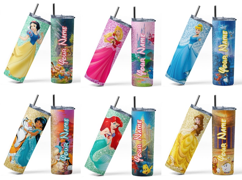 May include: A collection of eight stainless steel tumblers featuring Disney princess designs. Each tumbler has a different princess, including Snow White, Aurora, Cinderella, Jasmine, Ariel, and Belle. The tumblers are decorated with glitter and the text "Your Name".