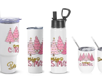 Custom Christmas Tumbler with Name Personalized, Holiday Travel Mug, Pink Christmas Tree Tumbler Cute Xmas Tumbler