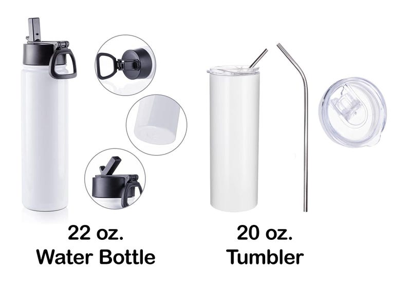 May include: White 22 oz. water bottle with black lid and handle, and a white 20 oz. tumbler with a silver straw. The water bottle has a flip-top lid. The tumbler includes a clear lid. Both are shown with detailed close-ups.