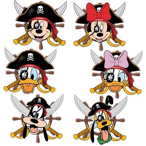 May include: A collection of cartoon pirate characters, including Mickey Mouse, Minnie Mouse, Donald Duck, Daisy Duck, Goofy, and Pluto. Each character is depicted with a pirate hat, eye patch, and a red or pink bandana. The characters are set against a backdrop of a ship's wheel and crossed swords.