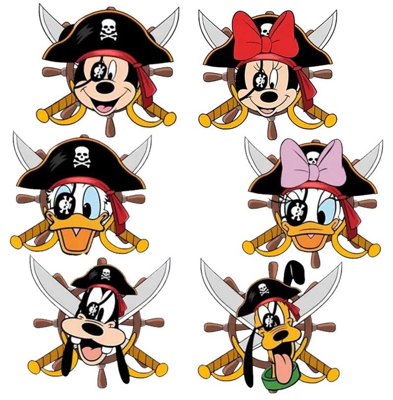 May include: A collection of cartoon pirate characters, including Mickey Mouse, Minnie Mouse, Donald Duck, Daisy Duck, Goofy, and Pluto. Each character is depicted with a pirate hat, eye patch, and a red or pink bandana. The characters are set against a backdrop of a ship's wheel and crossed swords.