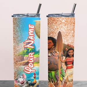 May include: Two stainless steel tumblers with lids and straws. One features a tropical beach scene with the text "Your Name" and cartoon characters. The other has a glittery background and cartoon characters.