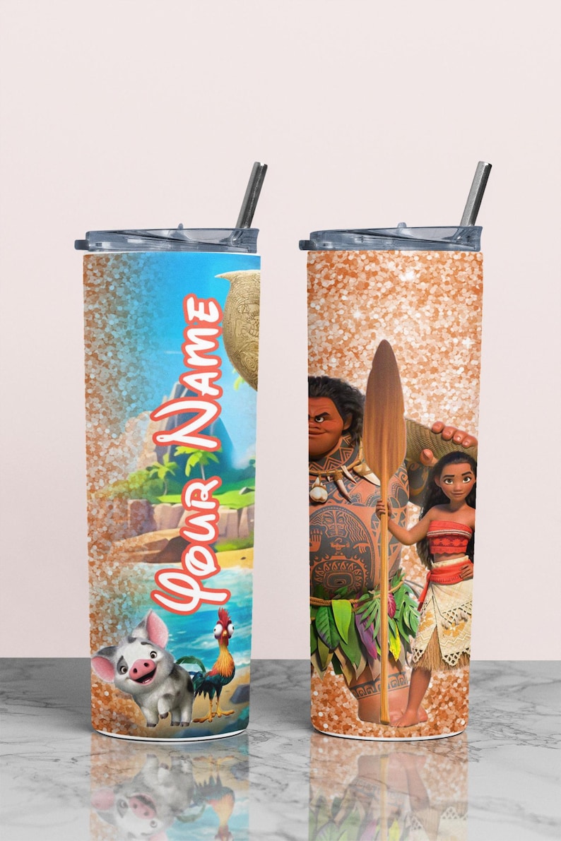 May include: Two stainless steel tumblers with lids and straws. One features a tropical beach scene with the text "Your Name" and cartoon characters. The other has a glittery background and cartoon characters.