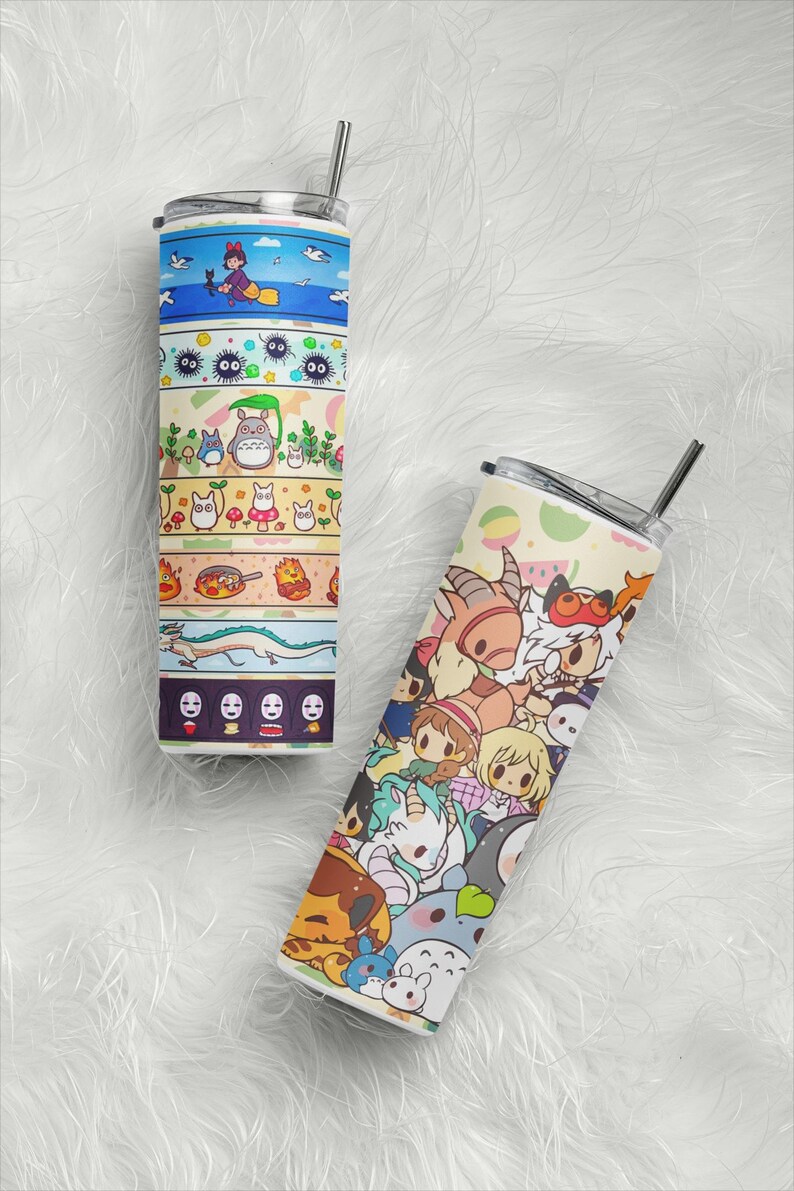 May include: Two stainless steel tumblers with colorful anime-style character designs. One features a layered design with characters and scenes, including a witch on a broom. The other tumbler has a collage of anime characters.