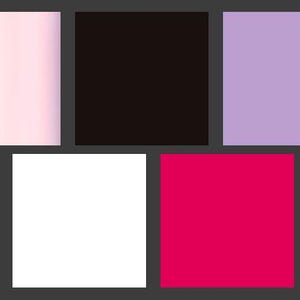 May include: A collection of five solid color blocks arranged on a dark gray background. The colors include a pink gradient, black, lavender, white, and a vibrant magenta. The blocks are square and evenly spaced.