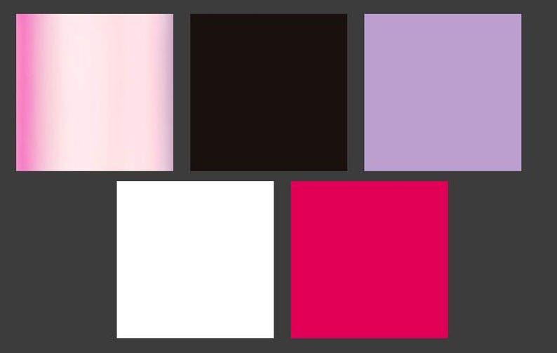May include: A collection of five solid color blocks arranged on a dark gray background. The colors include a pink gradient, black, lavender, white, and a vibrant magenta. The blocks are square and evenly spaced.