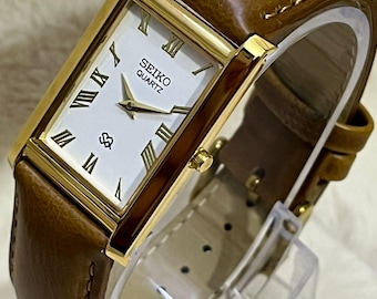 Vintage Seiko Tank Watch, Gold-Tone, Roman Numeral Dial, Brown Leather Strap