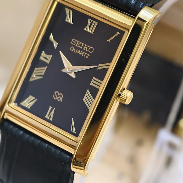 Vintage Seiko Tank Watch, Black Dial, Gold-Tone, Leather Strap