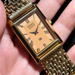 Vintage Seiko Slim Tank Watch orange Dial gold Rectangular Case unisex Wrist Watch