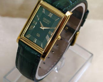 Vintage Seiko slim Tank Watch, Green Dial, Gold-Tone case with classic look unisex watch.