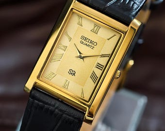 Vintage Seiko Slim Tank Watch Gold Dial Gold Rectangular Case Refurbished  Wrist Watch